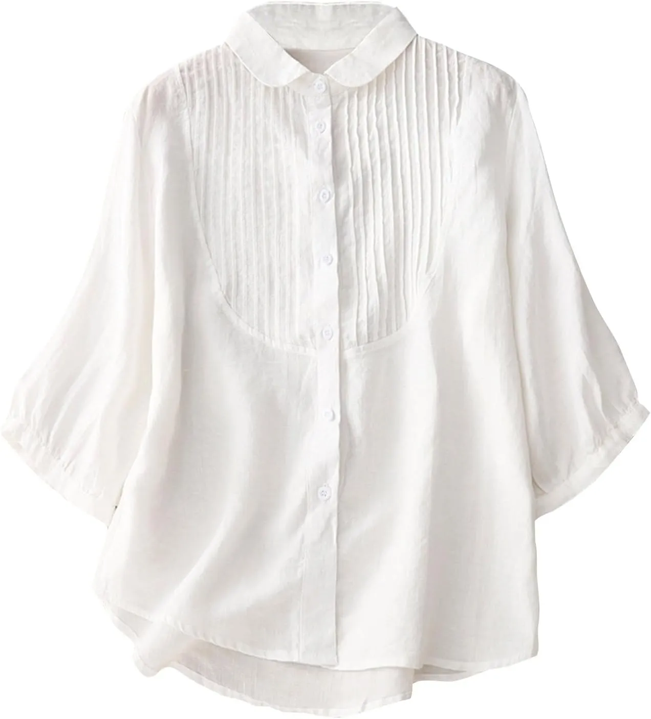 Cotton Linen Shirt Women 2025 Fashion 3/4 Sleeve Button Down Tops Casual Lapel Pleated Solid Blouse Spring Summer Tee