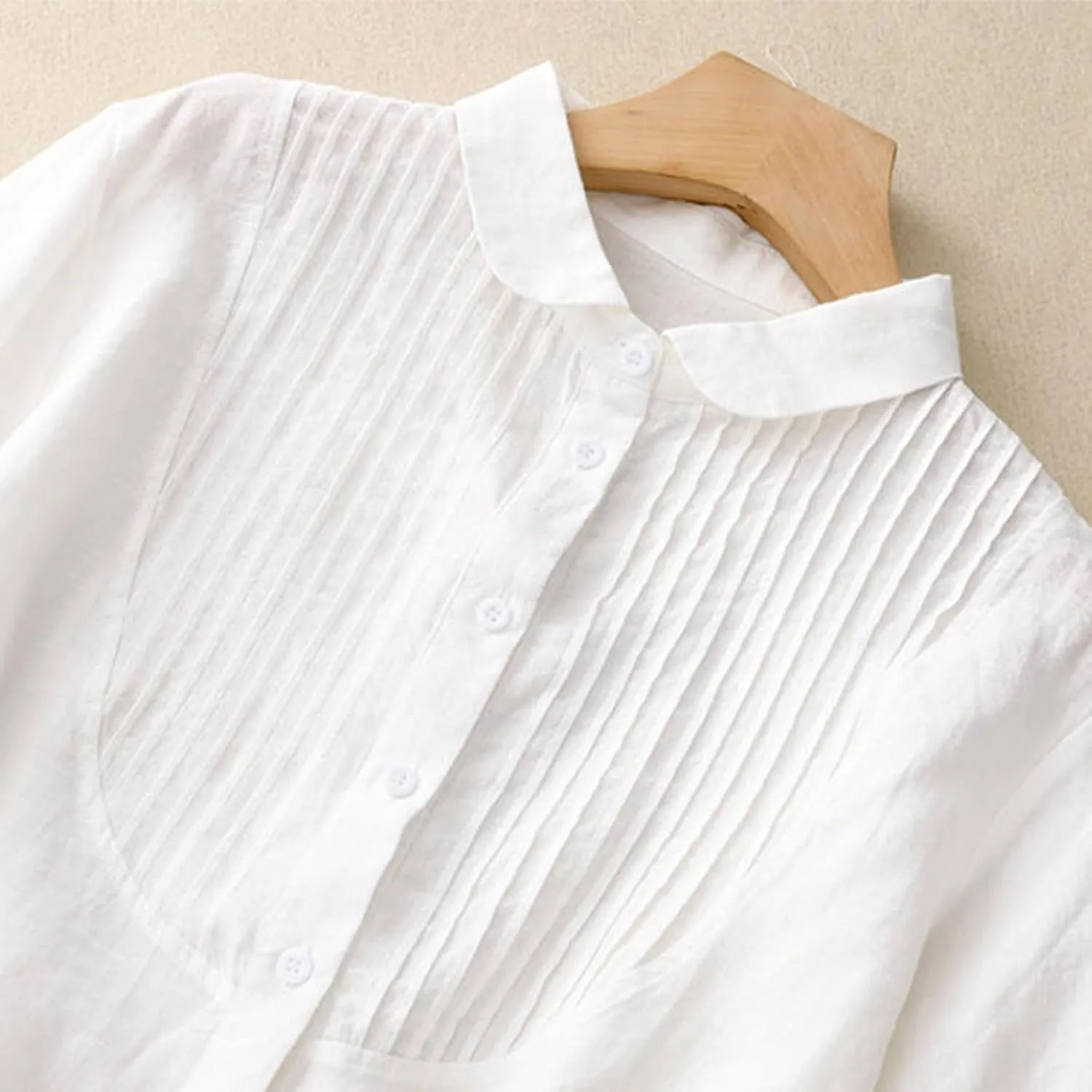 Cotton Linen Shirt Women 2025 Fashion 3/4 Sleeve Button Down Tops Casual Lapel Pleated Solid Blouse Spring Summer Tee