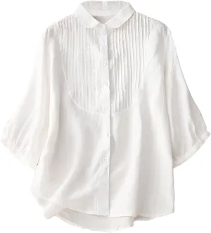 Cotton Linen Shirt Women 2025 Fashion 3/4 Sleeve Button Down Tops Casual Lapel Pleated Solid Blouse Spring Summer Tee