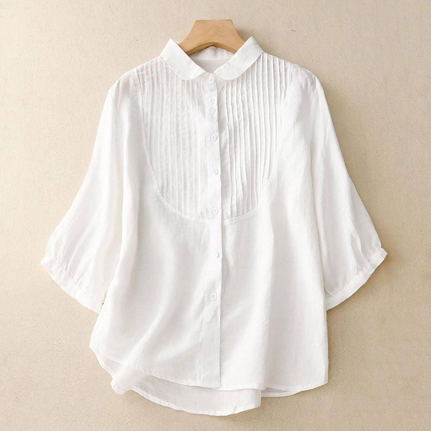 Cotton Linen Shirt Women 2025 Fashion 3/4 Sleeve Button Down Tops Casual Lapel Pleated Solid Blouse Spring Summer Tee