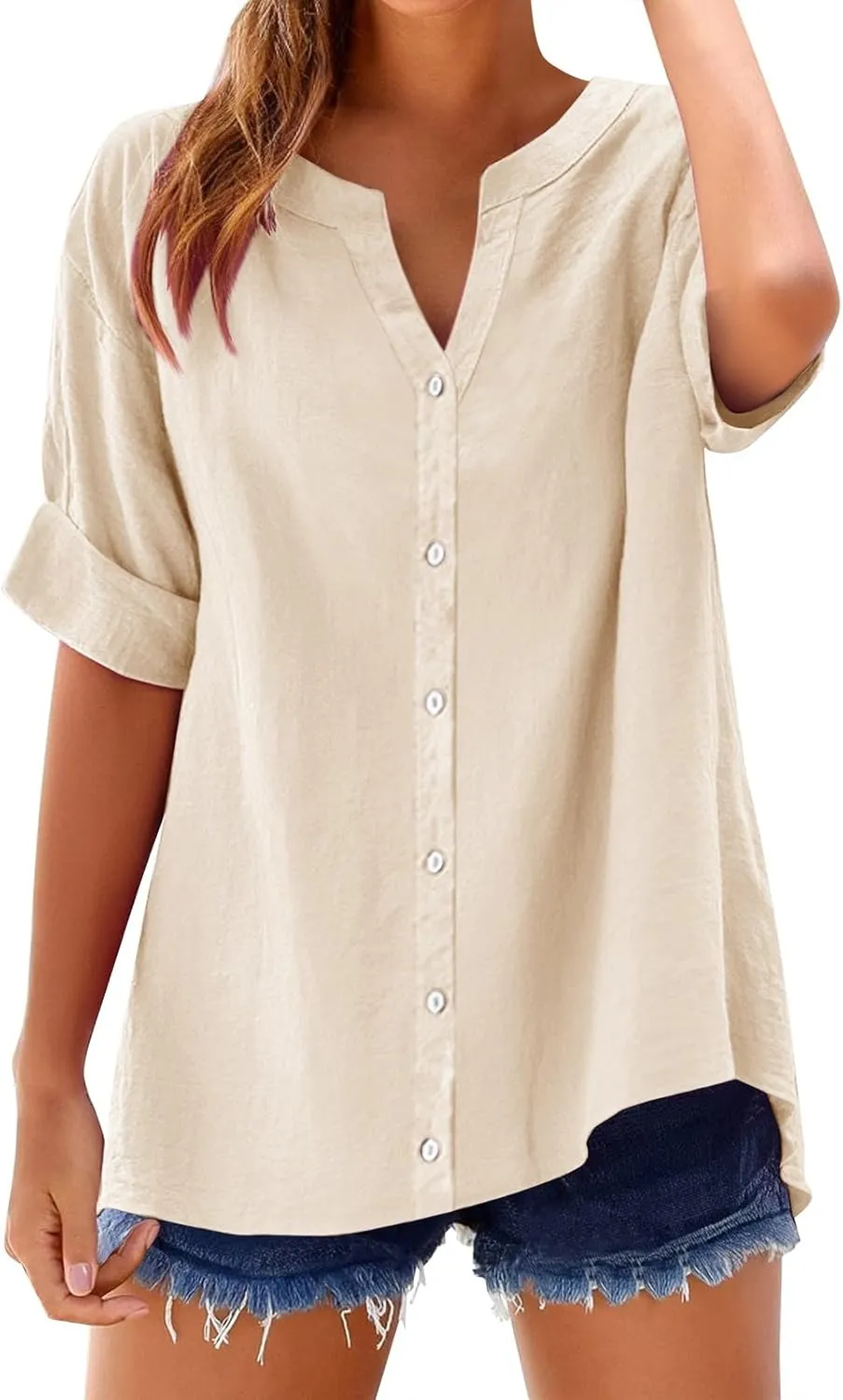 Cotton Linen Shirts for Women 2025 Trendy Roll Up Short/Long Sleeve Tshirts Workout Button Down Plus Size Shirt