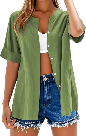 Cotton Linen Shirts for Women 2025 Trendy Roll Up Short/Long Sleeve Tshirts Workout Button Down Plus Size Shirt