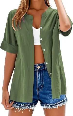 Cotton Linen Shirts for Women 2025 Trendy Roll Up Short/Long Sleeve Tshirts Workout Button Down Plus Size Shirt