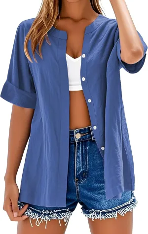 Cotton Linen Shirts for Women 2025 Trendy Roll Up Short/Long Sleeve Tshirts Workout Button Down Plus Size Shirt