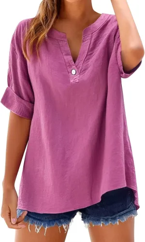 Cotton Linen Shirts for Women 2025 Trendy Roll Up Short/Long Sleeve Tshirts Workout Button Down Plus Size Shirt