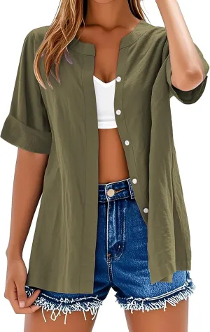 Cotton Linen Shirts for Women 2025 Trendy Roll Up Short/Long Sleeve Tshirts Workout Button Down Plus Size Shirt