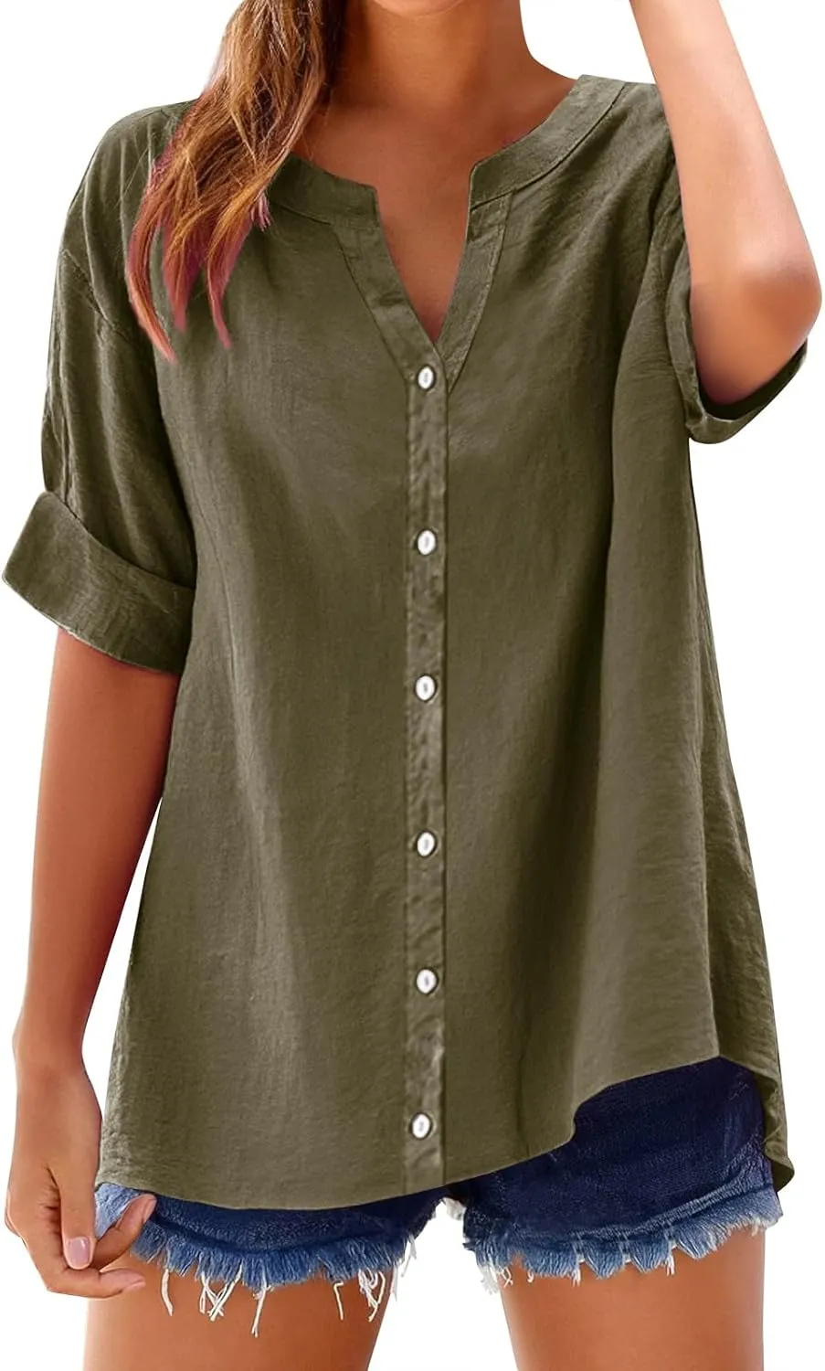 Cotton Linen Shirts for Women 2025 Trendy Roll Up Short/Long Sleeve Tshirts Workout Button Down Plus Size Shirt
