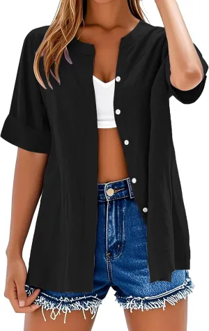 Cotton Linen Shirts for Women 2025 Trendy Roll Up Short/Long Sleeve Tshirts Workout Button Down Plus Size Shirt