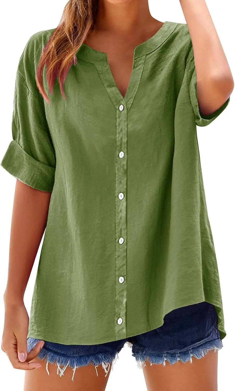 Cotton Linen Shirts for Women 2025 Trendy Roll Up Short/Long Sleeve Tshirts Workout Button Down Plus Size Shirt