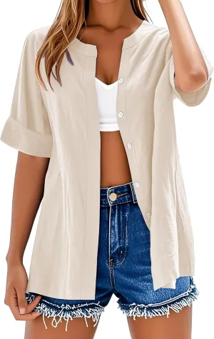 Cotton Linen Shirts for Women 2025 Trendy Roll Up Short/Long Sleeve Tshirts Workout Button Down Plus Size Shirt