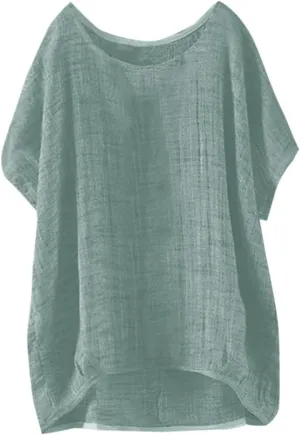 Cotton Linen Shirts for Women Summer Oversized Vintage Short Sleeve Tops Causal Beach Vacation Blouses Muslin Shirt