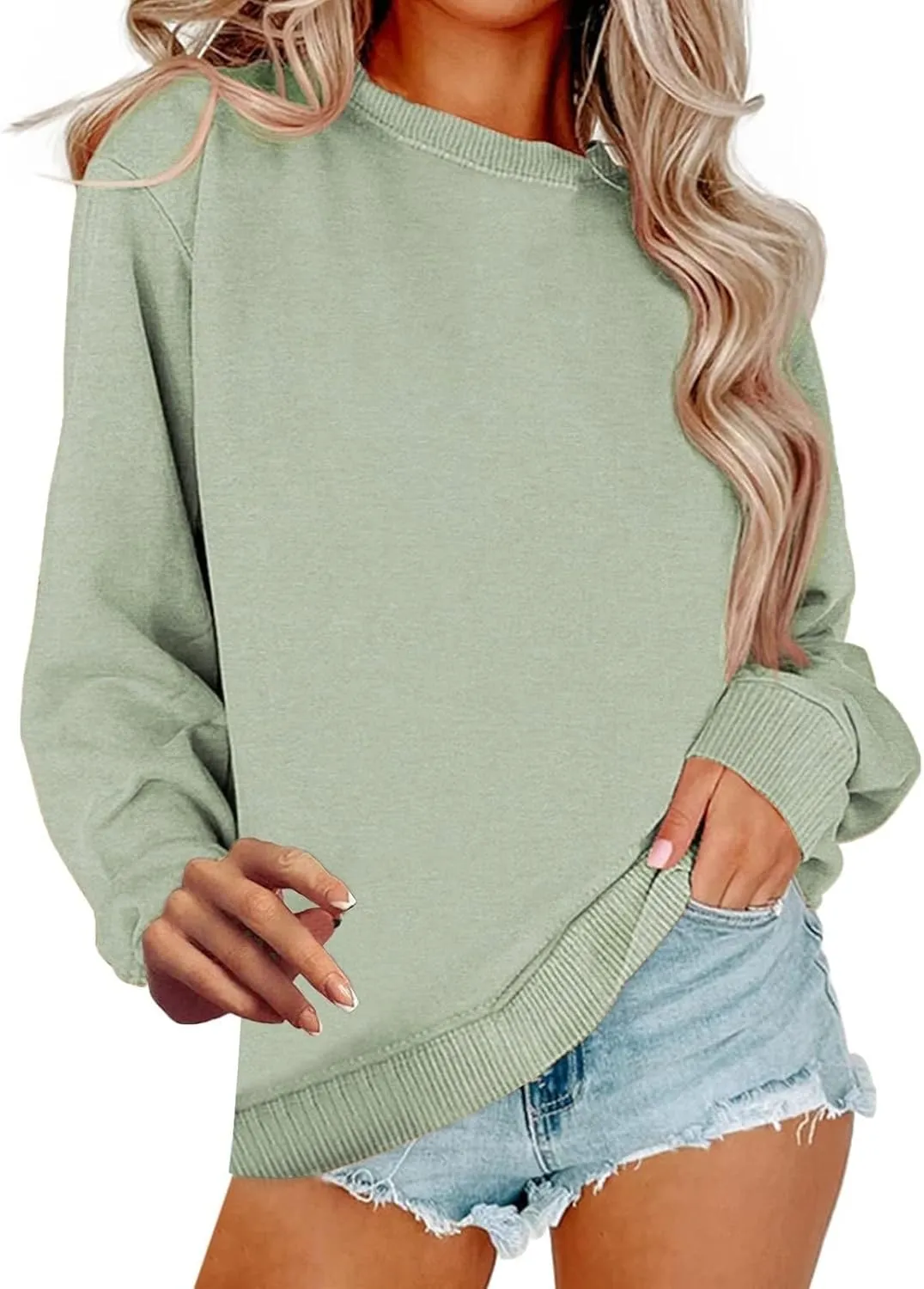 Crew Neck Sweatshirts Women Baggy Lightweight Pullover Tops Casual Drop Shoulder Comfy Preppy Sweatshirt Fall Outfits