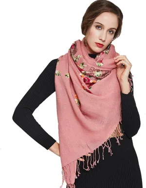 DANA XU Embroidery 100% Pure Wool Pashmina Cashmere Scarf Shawl And Wrap For Women Winter Oversized Floral Blanket