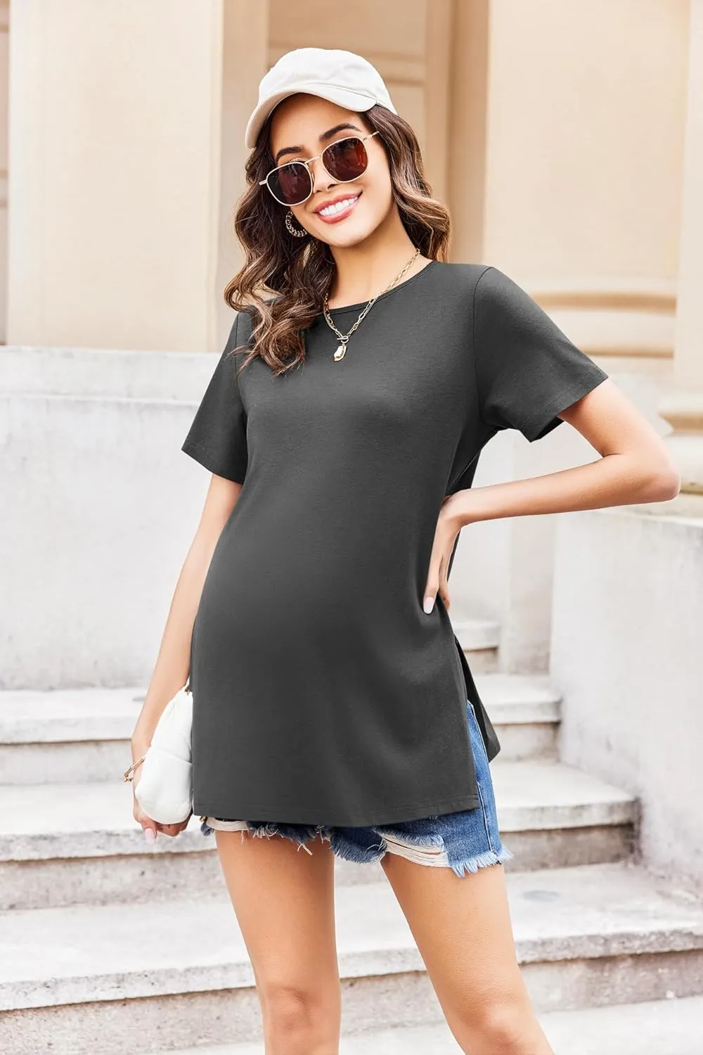 Ekouaer Women's Maternity Shirts Short Sleeve Pregnancy Tops Blouses Split Side Casual Crewneck Pregnant Tunic Tee