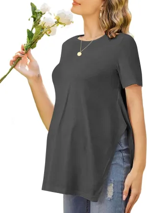 Ekouaer Women's Maternity Shirts Short Sleeve Pregnancy Tops Blouses Split Side Casual Crewneck Pregnant Tunic Tee