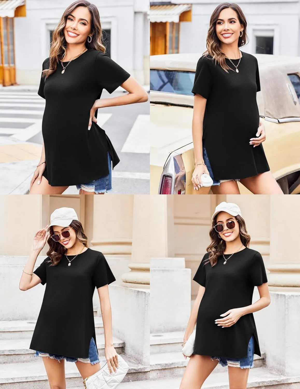 Ekouaer Women's Maternity Shirts Short Sleeve Pregnancy Tops Blouses Split Side Casual Crewneck Pregnant Tunic Tee
