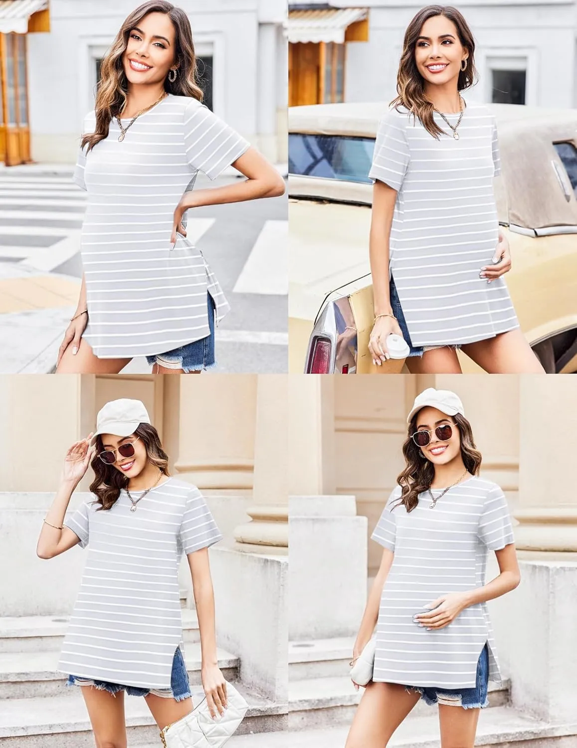 Ekouaer Women's Maternity Shirts Short Sleeve Pregnancy Tops Blouses Split Side Casual Crewneck Pregnant Tunic Tee