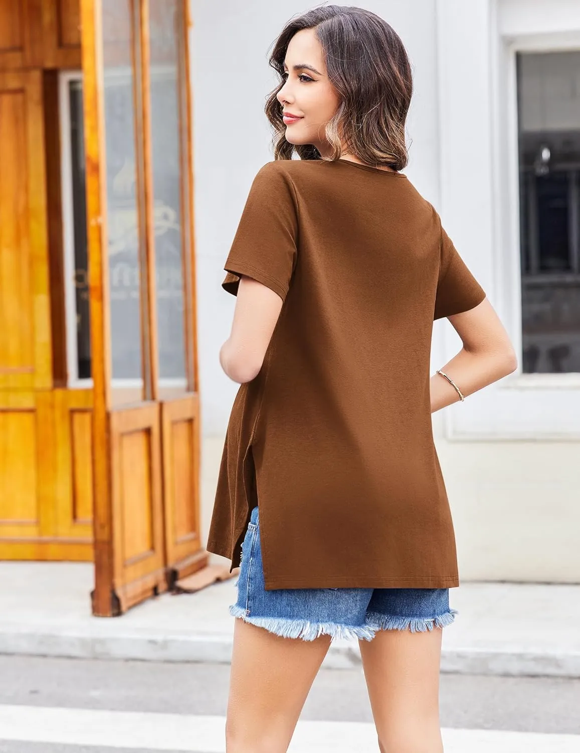 Ekouaer Women's Maternity Shirts Short Sleeve Pregnancy Tops Blouses Split Side Casual Crewneck Pregnant Tunic Tee