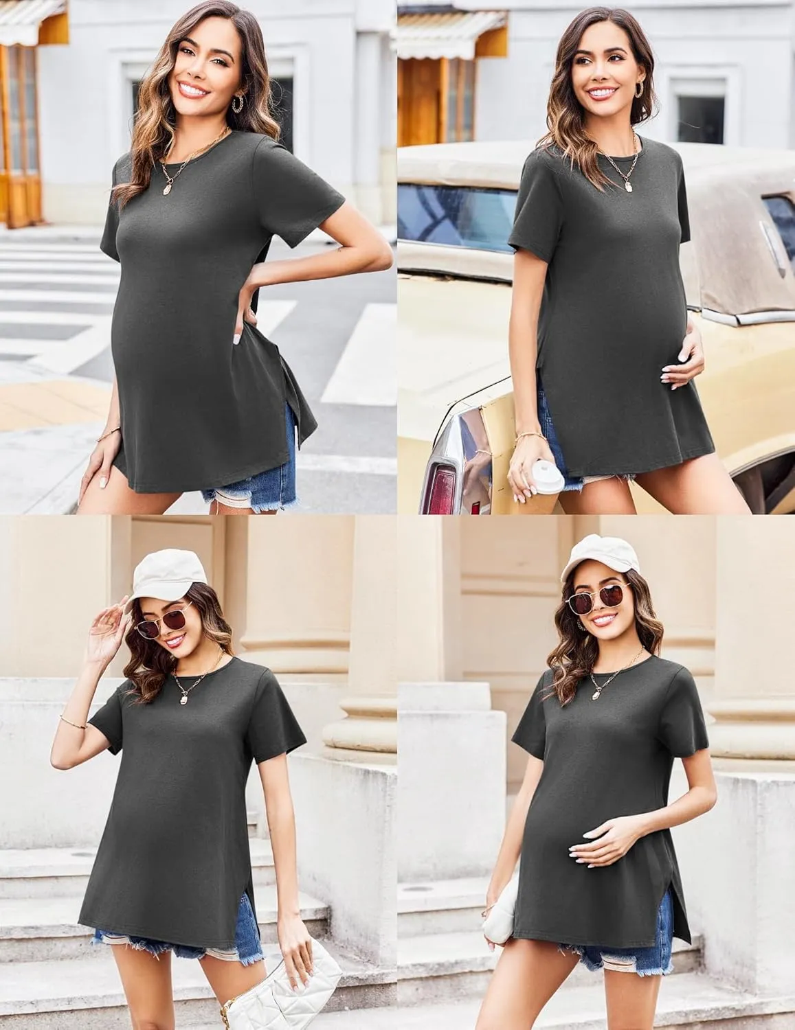 Ekouaer Women's Maternity Shirts Short Sleeve Pregnancy Tops Blouses Split Side Casual Crewneck Pregnant Tunic Tee
