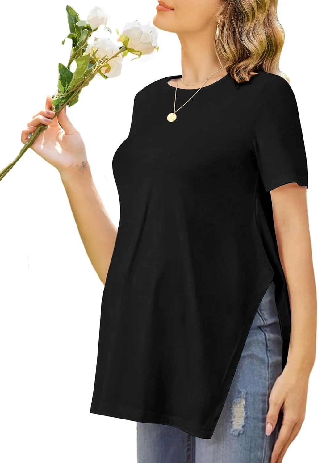 Ekouaer Women's Maternity Shirts Short Sleeve Pregnancy Tops Blouses Split Side Casual Crewneck Pregnant Tunic Tee