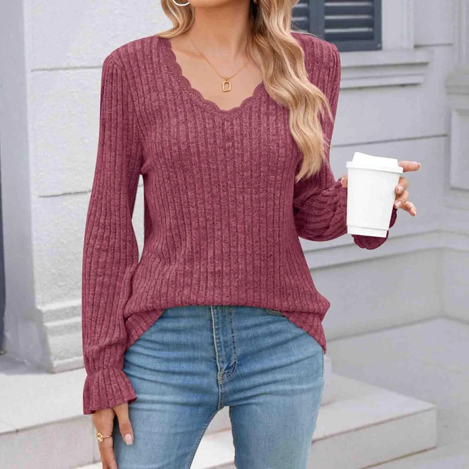 Fahion Sweatshirts for Women long sleeve V Neck Tops 2024 Trendy Casual Ruffle Sleeve Fleece Knitted Pullover Top