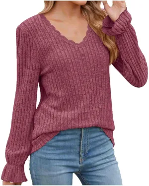 Fahion Sweatshirts for Women long sleeve V Neck Tops 2024 Trendy Casual Ruffle Sleeve Fleece Knitted Pullover Top