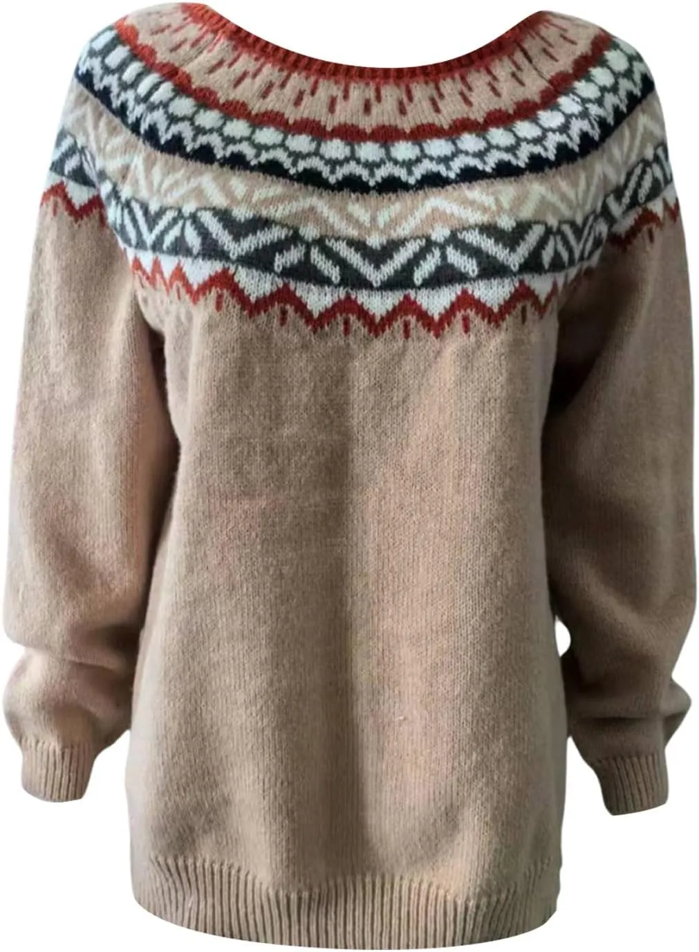 Fair Isle Sweater Women,Xmas Vintage Long Sleeve Boat Neck Retro Lightweight Pullover Top for Fall Winter