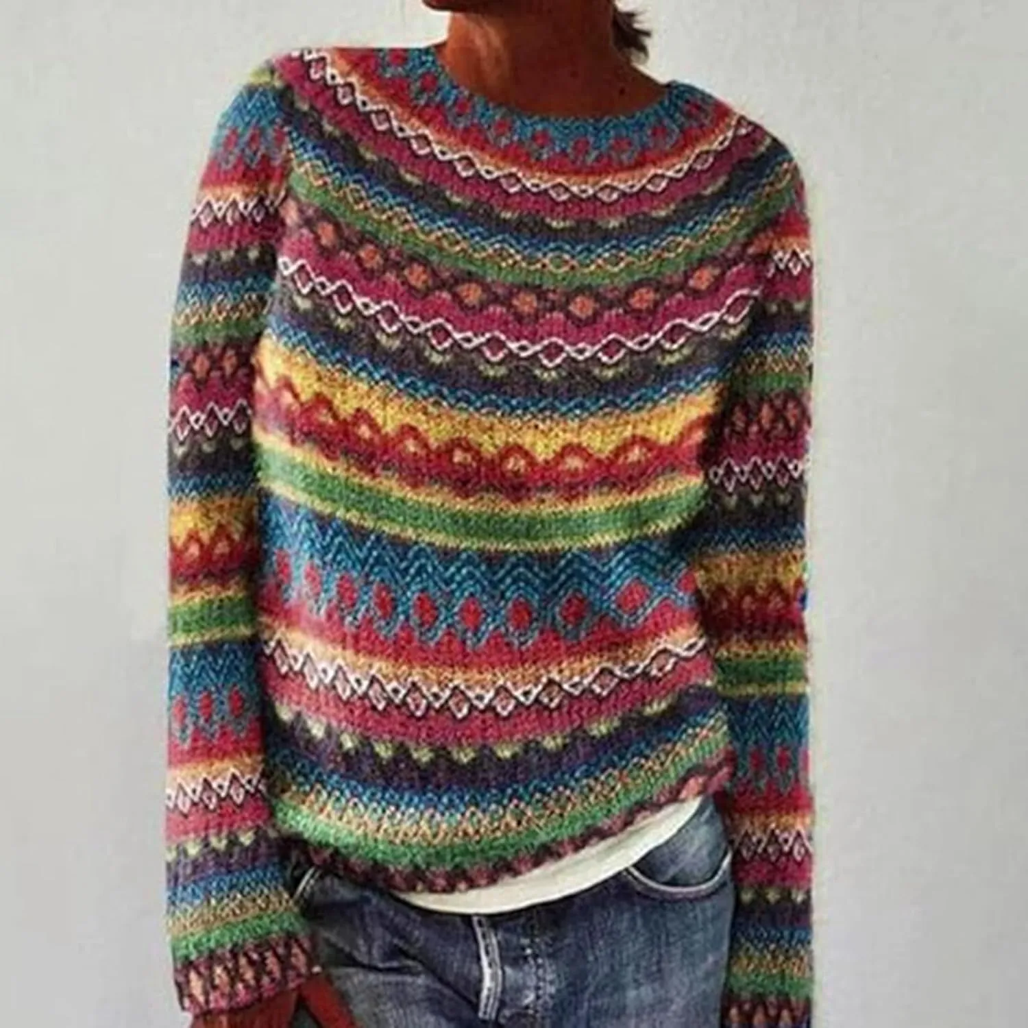 Fair Isle Sweater Women,Xmas Vintage Long Sleeve Boat Neck Retro Lightweight Pullover Top for Fall Winter