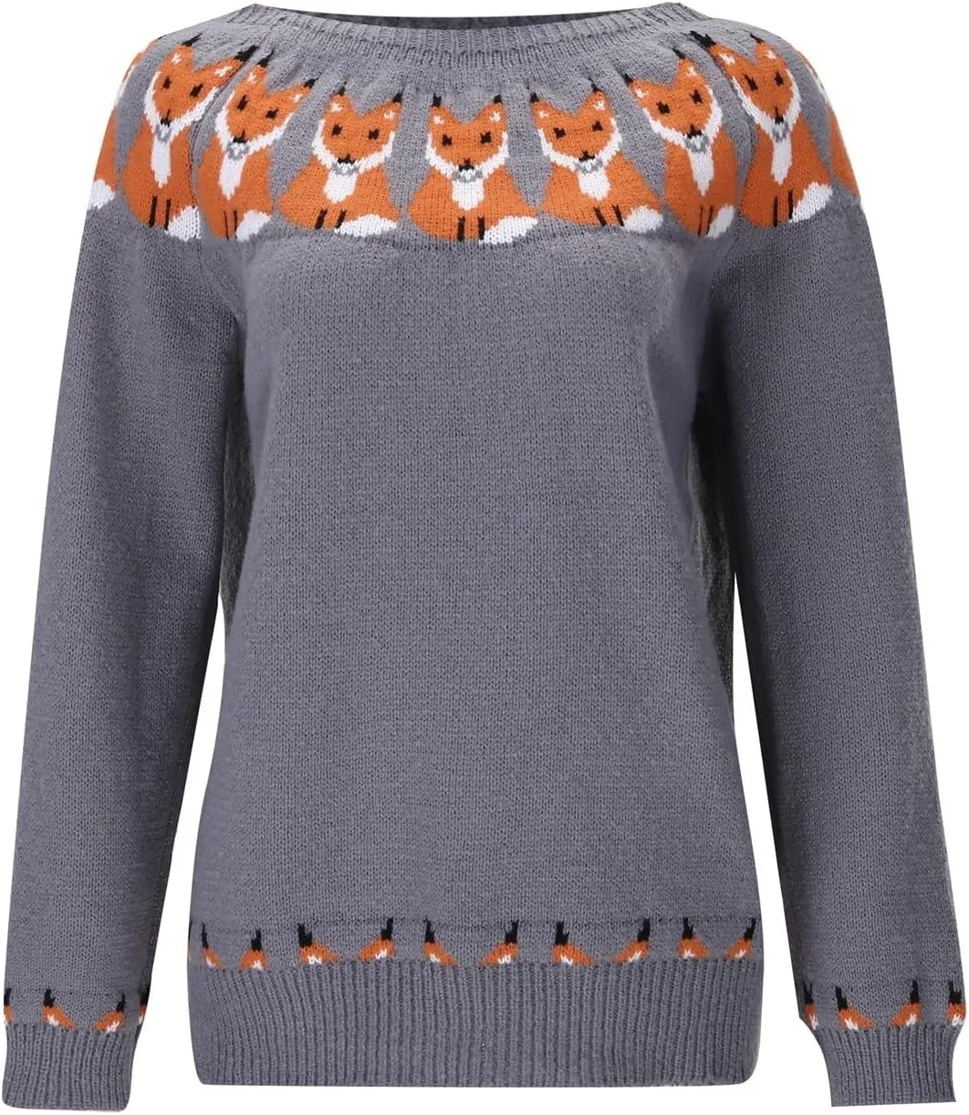 Fair Isle Sweater Women,Xmas Vintage Long Sleeve Boat Neck Retro Lightweight Pullover Top for Fall Winter