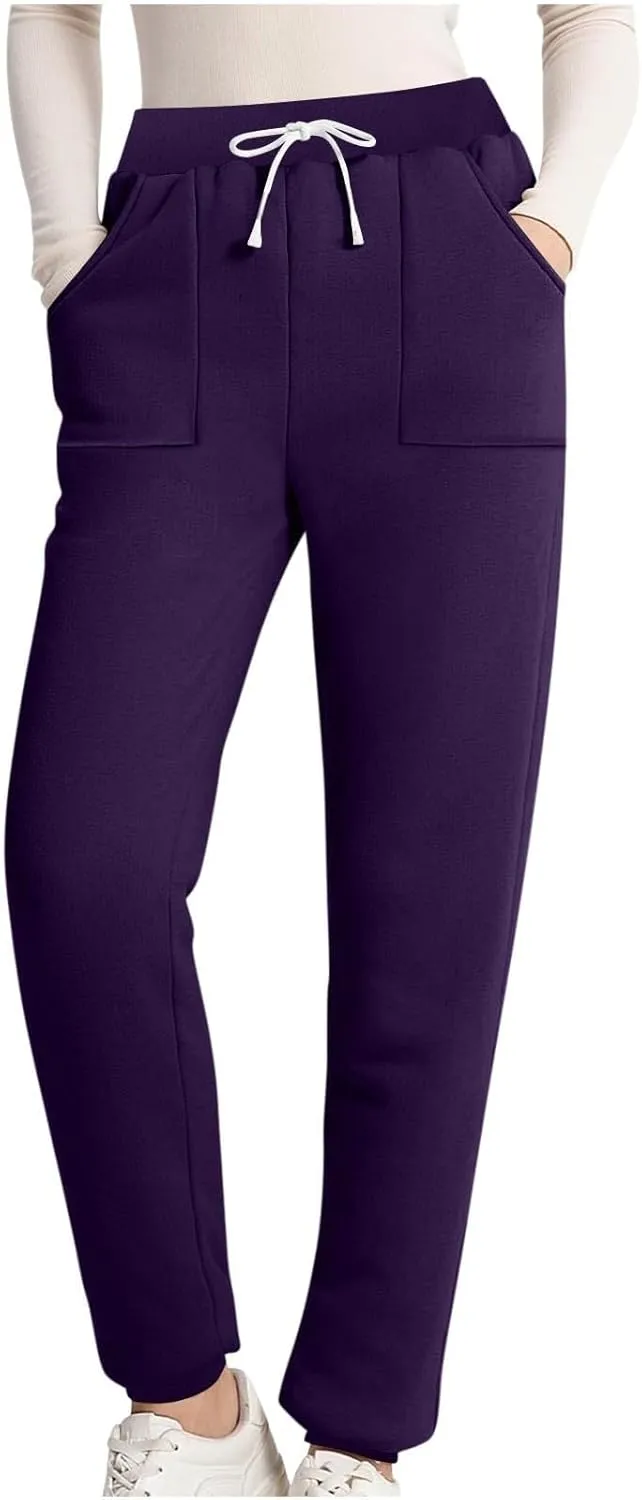Fleece Lined Leggings Women Sherpa Drawstring Elastic Thermal Leggings Plus Size Trendy Winter Joggers with Pockets