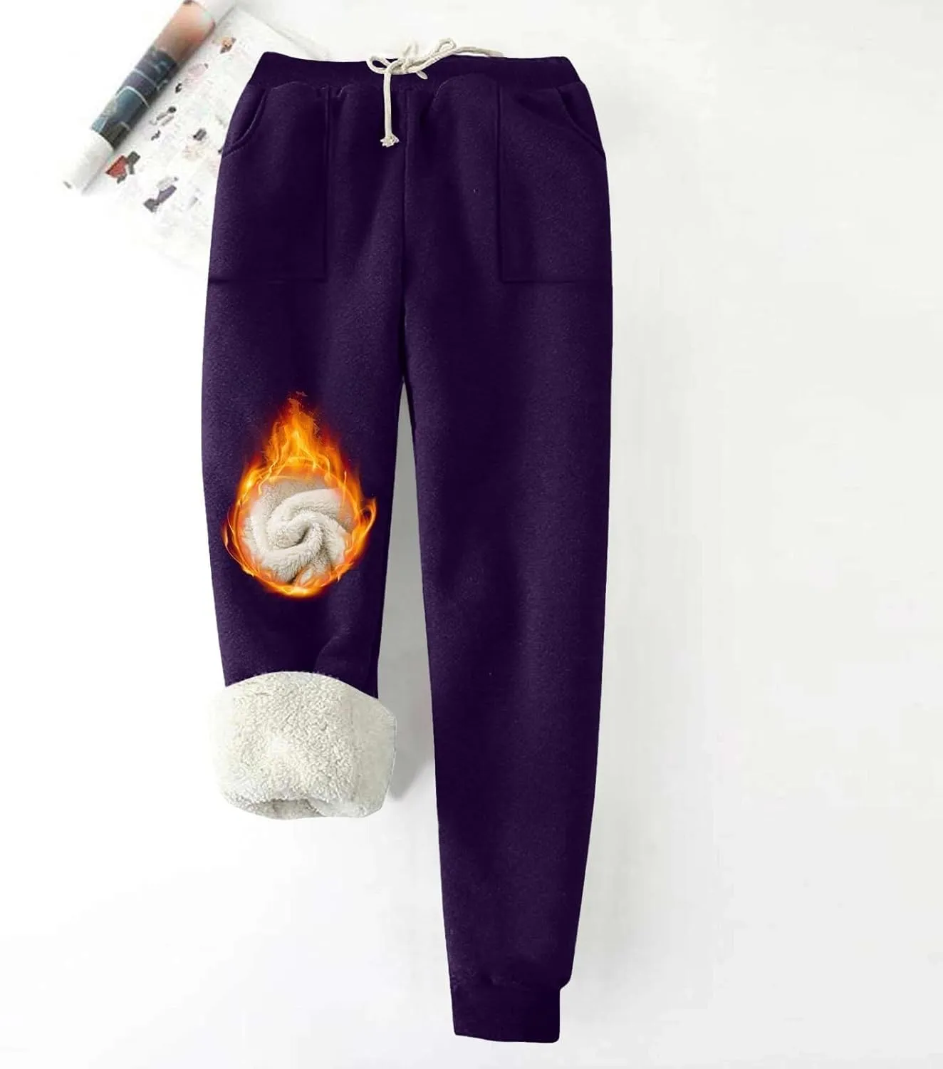 Fleece Lined Leggings Women Sherpa Drawstring Elastic Thermal Leggings Plus Size Trendy Winter Joggers with Pockets