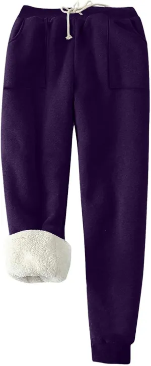 Fleece Lined Leggings Women Sherpa Drawstring Elastic Thermal Leggings Plus Size Trendy Winter Joggers with Pockets