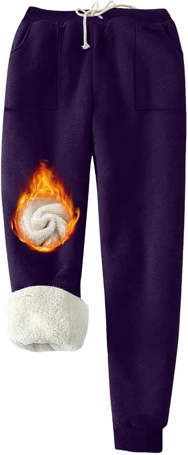 Fleece Lined Leggings Women Sherpa Drawstring Elastic Thermal Leggings Plus Size Trendy Winter Joggers with Pockets