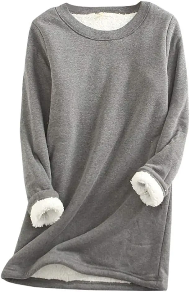 Fleece Sweatshirt for Women Winter Warm Sherpa Lined Fleece Crewneck Pullover Loungewear Tunic Tops
