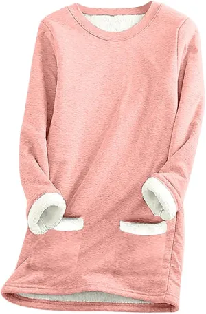Fleece Sweatshirts for Women Crewneck Thermal Shirts Fleece Tops Round Neck Long Sleeve Pullover Blouses