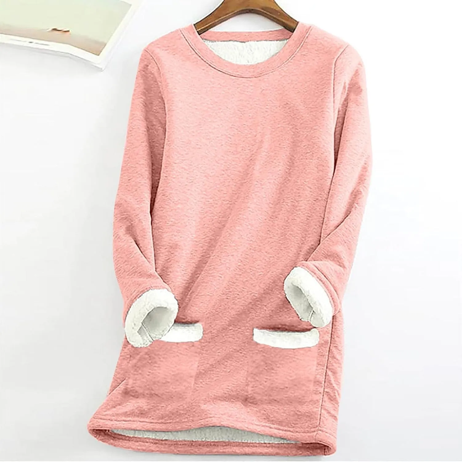Fleece Sweatshirts for Women Crewneck Thermal Shirts Fleece Tops Round Neck Long Sleeve Pullover Blouses