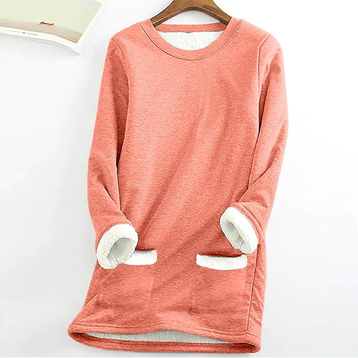Fleece Sweatshirts for Women Crewneck Thermal Shirts Fleece Tops Round Neck Long Sleeve Pullover Blouses