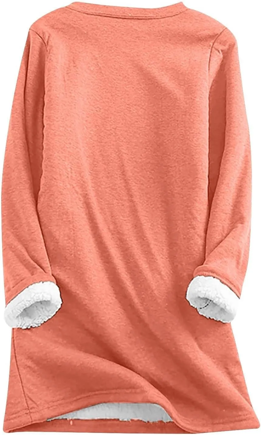 Fleece Sweatshirts for Women Crewneck Thermal Shirts Fleece Tops Round Neck Long Sleeve Pullover Blouses