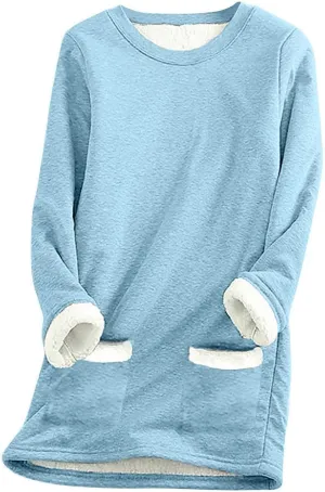 Fleece Sweatshirts for Women Crewneck Thermal Shirts Fleece Tops Round Neck Long Sleeve Pullover Blouses