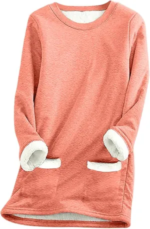 Fleece Sweatshirts for Women Crewneck Thermal Shirts Fleece Tops Round Neck Long Sleeve Pullover Blouses