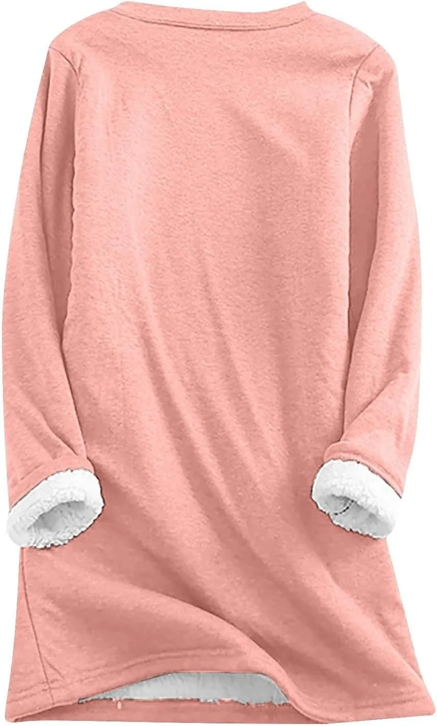 Fleece Sweatshirts for Women Crewneck Thermal Shirts Fleece Tops Round Neck Long Sleeve Pullover Blouses