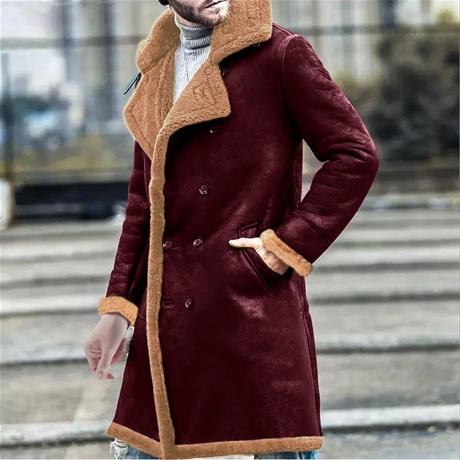 Fleee Lined Winter Coat for Men Fall Winter Warm Bomber Faux Leather Jacket Vintage Turn-Down Collar Sherpa Coat