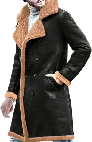 Fleee Lined Winter Coat for Men Fall Winter Warm Bomber Faux Leather Jacket Vintage Turn-Down Collar Sherpa Coat