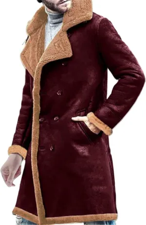 Fleee Lined Winter Coat for Men Fall Winter Warm Bomber Faux Leather Jacket Vintage Turn-Down Collar Sherpa Coat