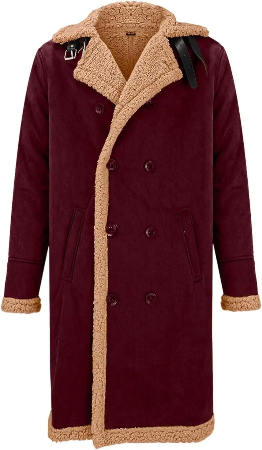 Fleee Lined Winter Coat for Men Fall Winter Warm Bomber Faux Leather Jacket Vintage Turn-Down Collar Sherpa Coat