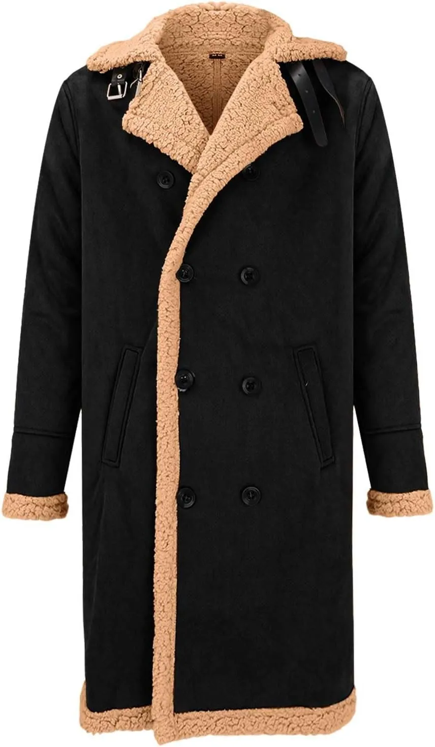 Fleee Lined Winter Coat for Men Fall Winter Warm Bomber Faux Leather Jacket Vintage Turn-Down Collar Sherpa Coat