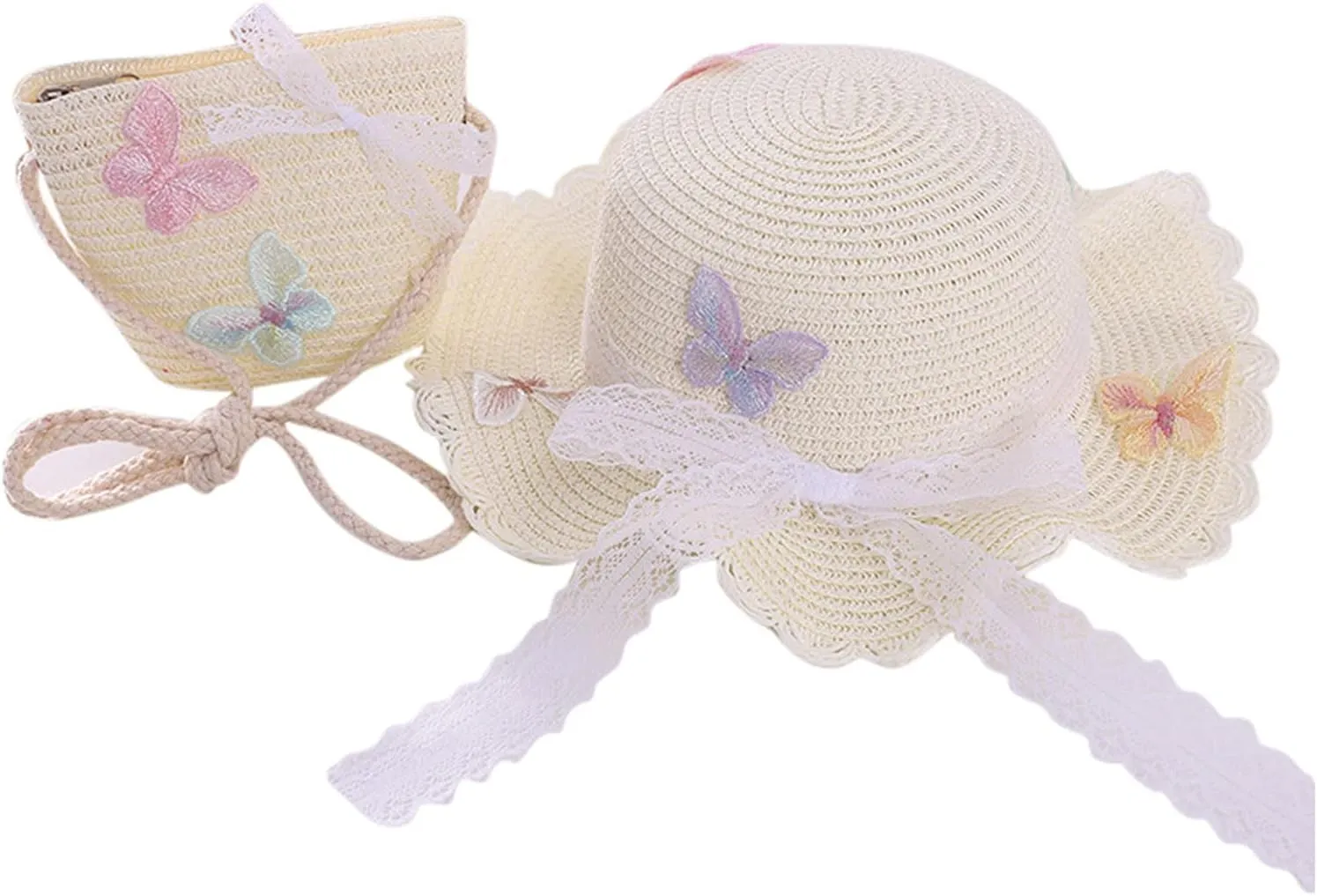 Girls Summer 𝐒traw Hat Bag Set Wide Brim Hat Sun Beach Hats with Shoulder Bag Infant Sun Hat Kids Cap