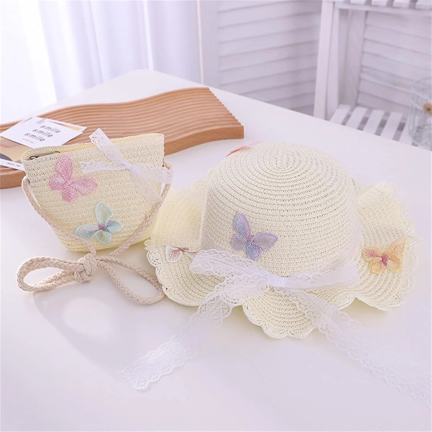 Girls Summer 𝐒traw Hat Bag Set Wide Brim Hat Sun Beach Hats with Shoulder Bag Infant Sun Hat Kids Cap