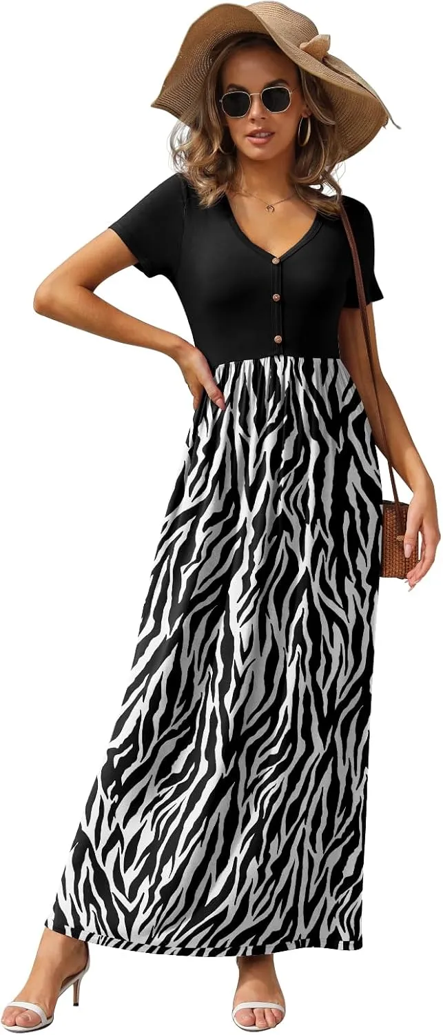 GRECERELLE Womens Long Maxi Dresses 2025 Short Sleeve V Neck Casual Summer Button Dress with Pockets