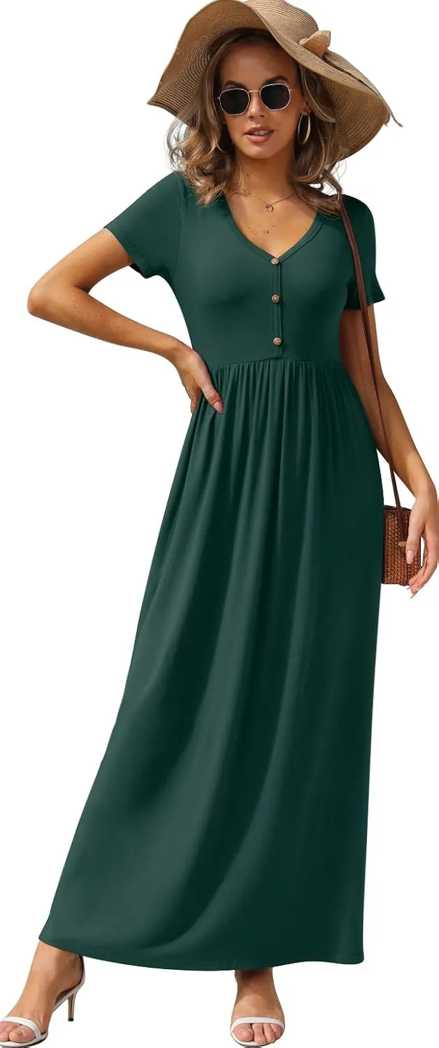 GRECERELLE Womens Long Maxi Dresses 2025 Short Sleeve V Neck Casual Summer Button Dress with Pockets